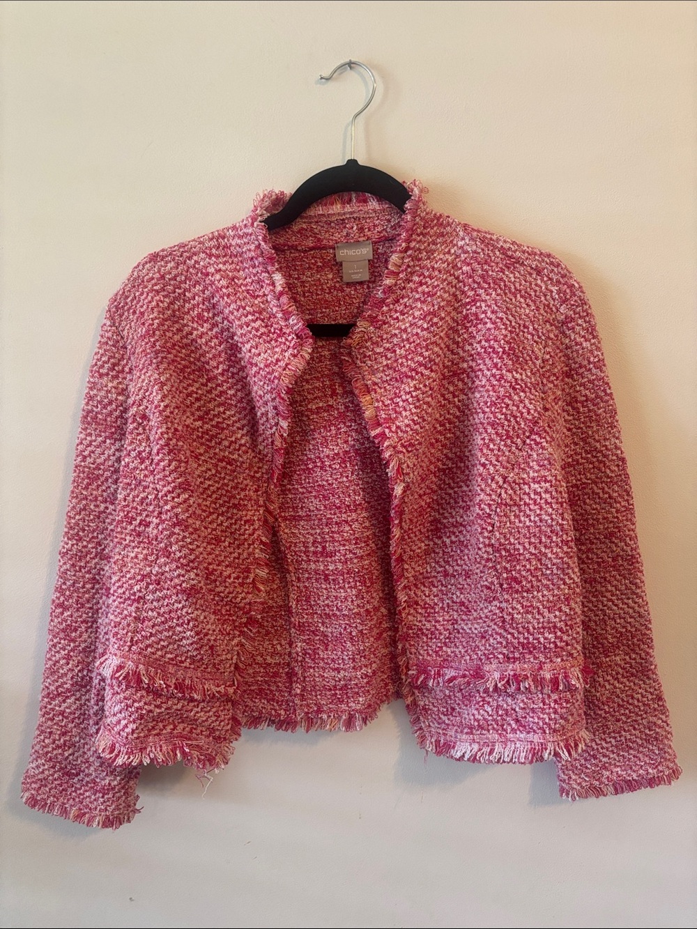 Chico's Pink Bouclé Fringed Open-Front Jacket